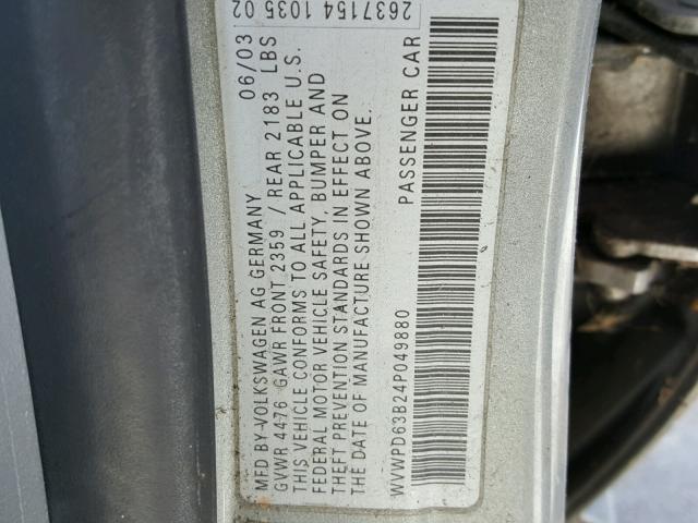 WVWPD63B24P049880 - 2004 VOLKSWAGEN PASSAT GLS SILVER photo 10