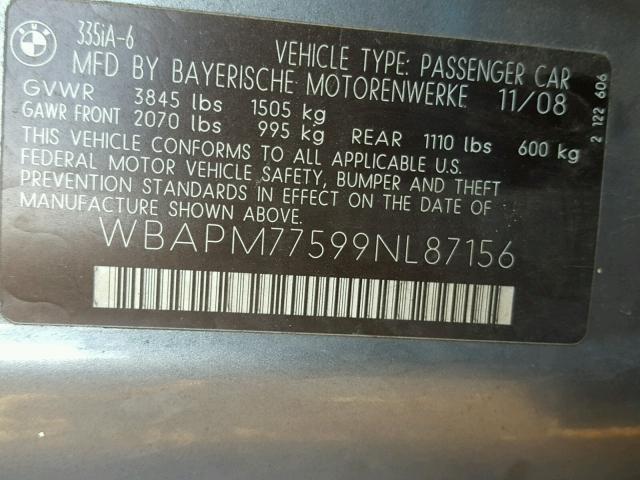 WBAPM77599NL87156 - 2009 BMW 335 I GRAY photo 10