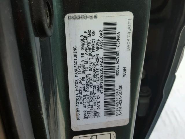 4T1BF32K62U514210 - 2002 TOYOTA CAMRY LE GREEN photo 10