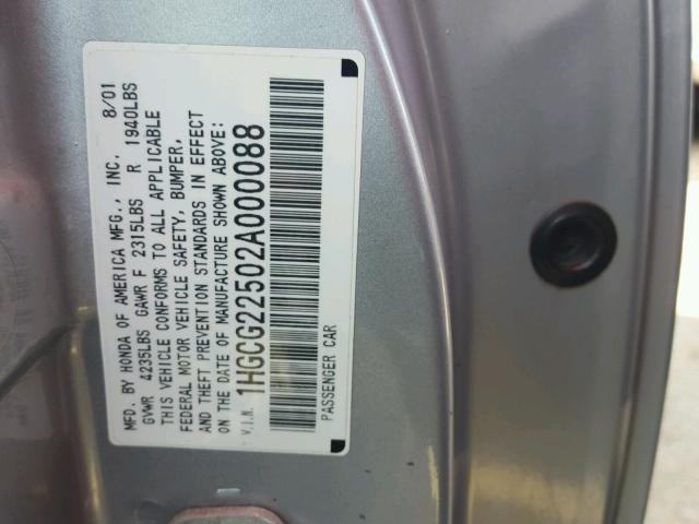 1HGCG22502A000088 - 2002 HONDA ACCORD EX SILVER photo 10