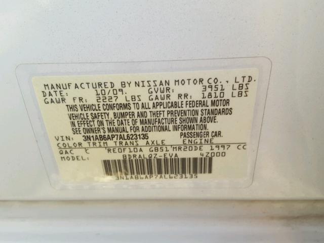 3N1AB6AP7AL623135 - 2010 NISSAN SENTRA 2.0 WHITE photo 10