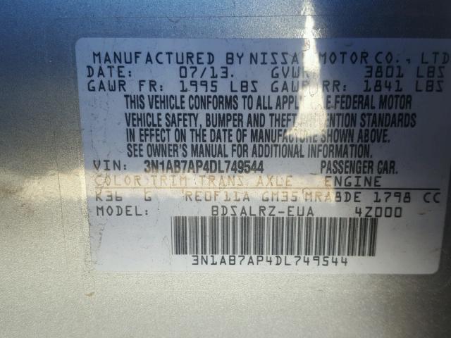 3N1AB7AP4DL749544 - 2013 NISSAN SENTRA GRAY photo 10