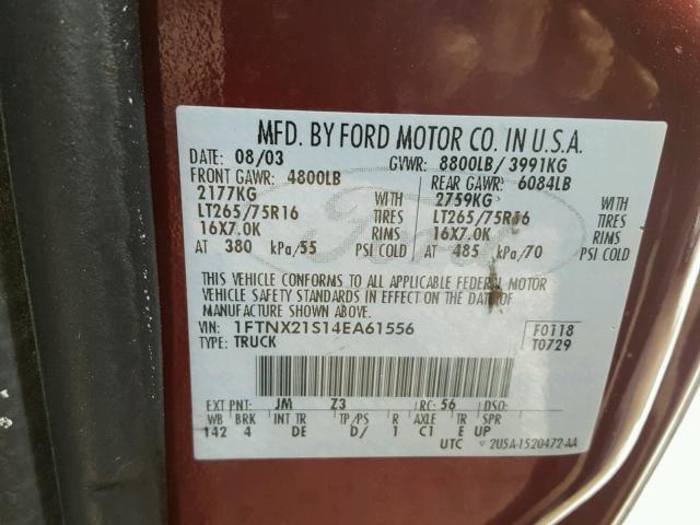 1FTNX21S14EA61556 - 2004 FORD F250 SUPER MAROON photo 10