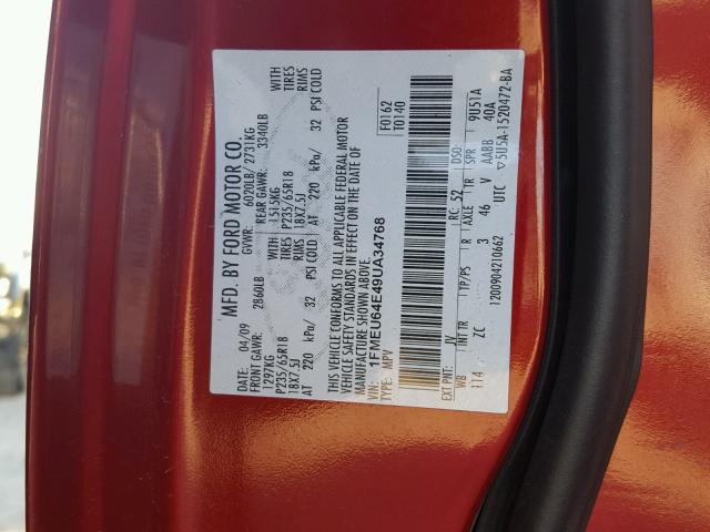 1FMEU64E49UA34768 - 2009 FORD EXPLORER E RED photo 10