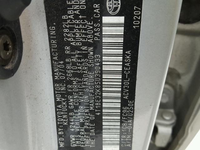 4T1BE32K85U390433 - 2005 TOYOTA CAMRY LE SILVER photo 10