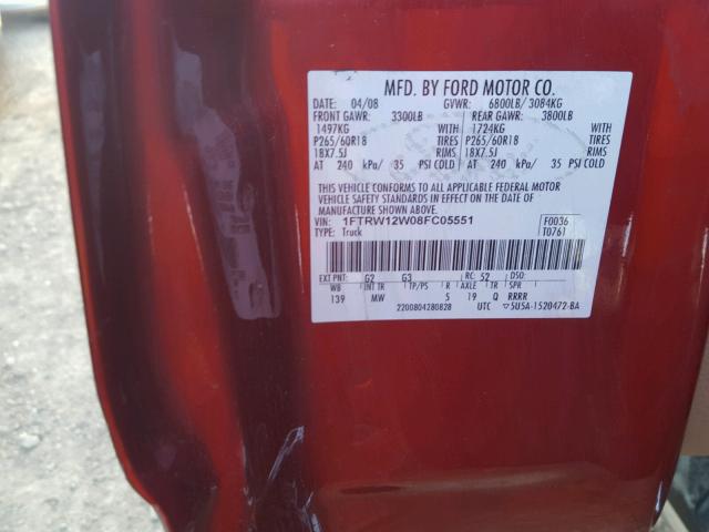 1FTRW12W08FC05551 - 2008 FORD F150 SUPER RED photo 10