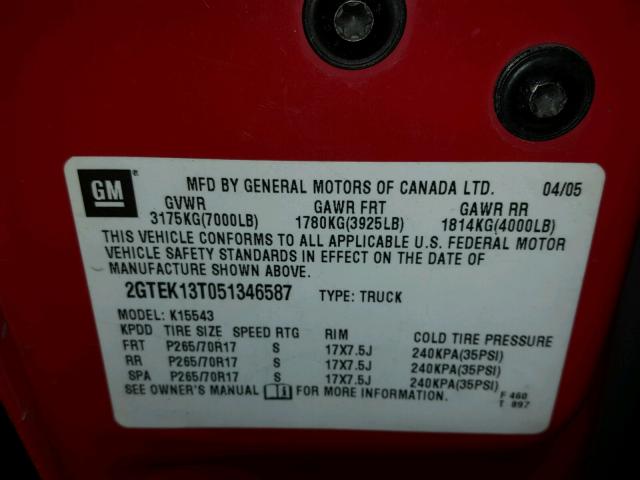 2GTEK13T051346587 - 2005 GMC NEW SIERRA RED photo 10