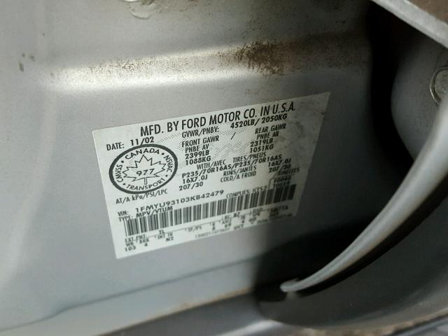 1FMYU93103KB42479 - 2003 FORD ESCAPE XLT SILVER photo 10