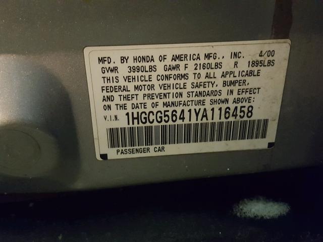 1HGCG5641YA116458 - 2000 HONDA ACCORD LX SILVER photo 10