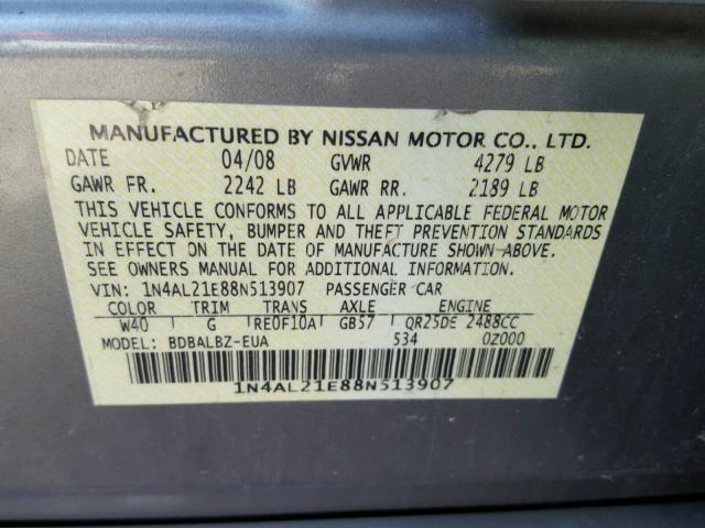 1N4AL21E88N513907 - 2008 NISSAN ALTIMA 2.5 GRAY photo 10