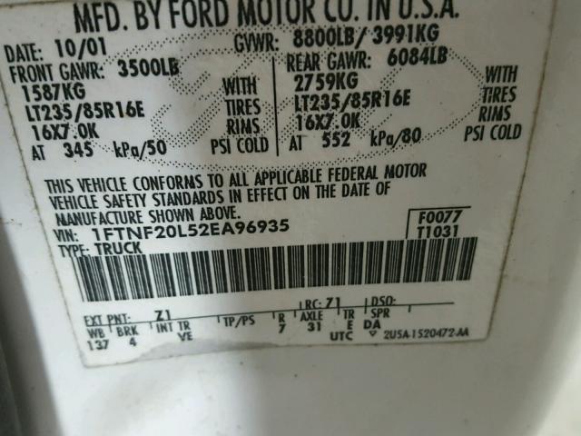 1FTNF20L52EA96935 - 2002 FORD F250 SUPER WHITE photo 10