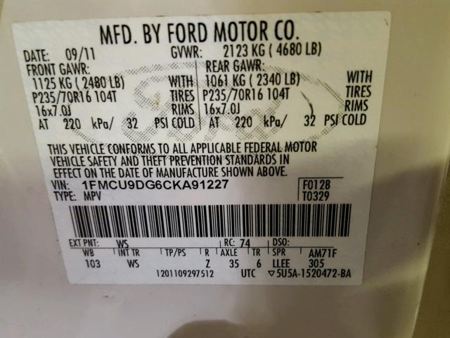 1FMCU9DG6CKA91227 - 2012 FORD ESCAPE XLT WHITE photo 10