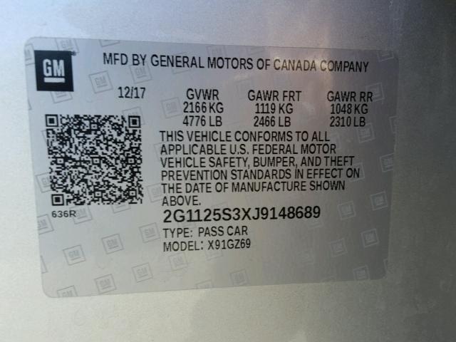 2G1125S3XJ9148689 - 2018 CHEVROLET IMPALA PRE SILVER photo 10