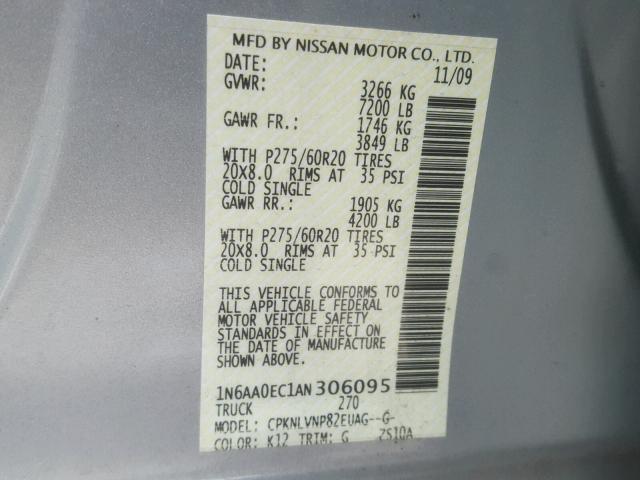 1N6AA0EC1AN306095 - 2010 NISSAN TITAN XE SILVER photo 10