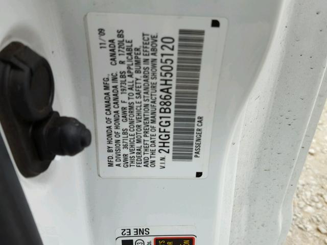 2HGFG1B86AH505120 - 2010 HONDA CIVIC EX 白色 照片 10