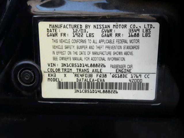 3N1CB51D14L888226 - 2004 NISSAN SENTRA 1.8 BLACK photo 10