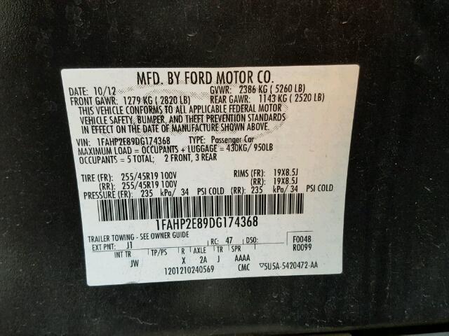 1FAHP2E89DG174368 - 2013 FORD TAURUS SEL BLACK photo 10