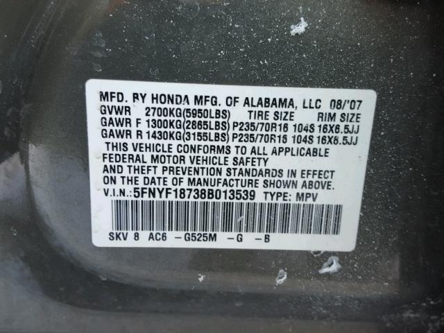 5FNYF18738B013539 - 2008 HONDA PILOT EXL GREEN photo 10