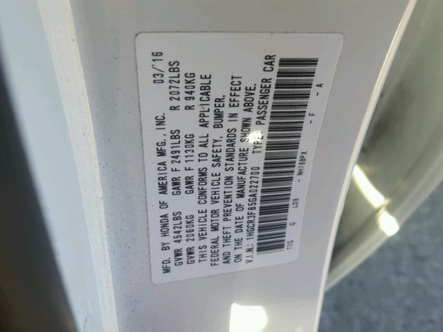 1HGCR3F85GA022700 - 2016 HONDA ACCORD EXL Ağ foto 10