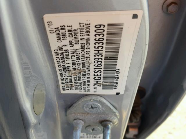 2HGES16593H536309 - 2003 HONDA CIVIC LX SILVER photo 10