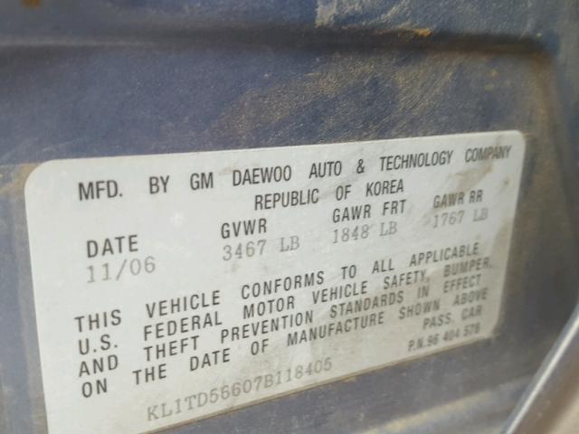 KL1TD56607B118405 - 2007 CHEVROLET AVEO BASE Mavi fotoğraf 10