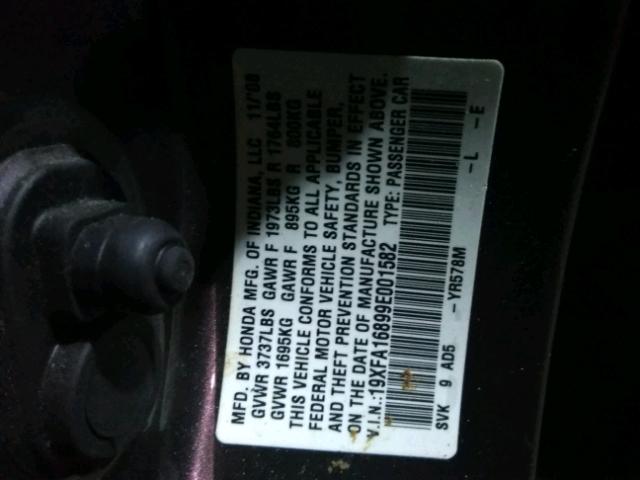 19XFA16899E001582 - 2009 HONDA CIVIC EX ნაცრისფერი ფოტო 10