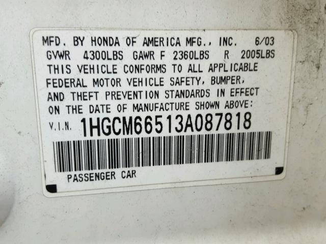 1HGCM66513A087818 - 2003 HONDA ACCORD EX WHITE photo 10