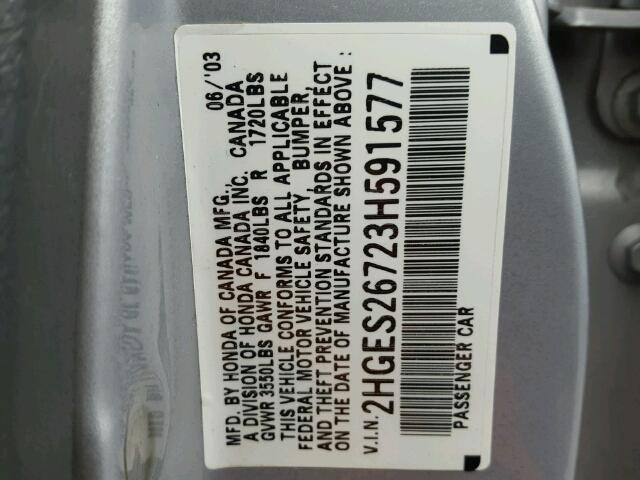 2HGES26723H591577 - 2003 HONDA CIVIC EX ვერცხლისფერი ფოტო 10