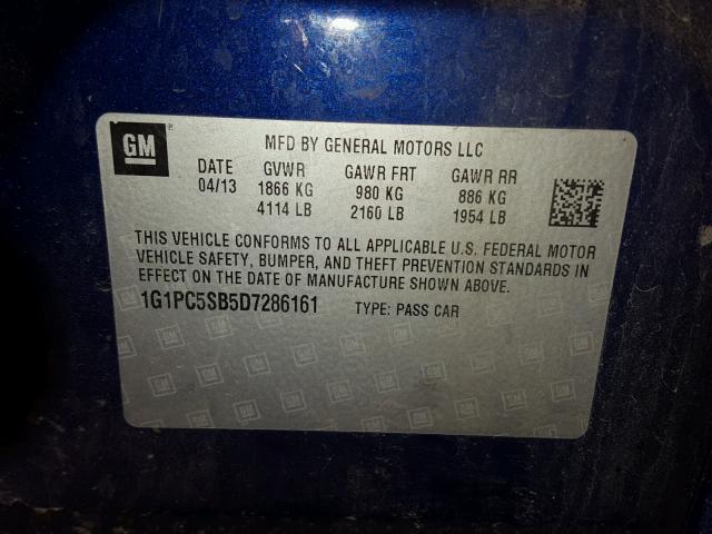 1G1PC5SB5D7286161 - 2013 CHEVROLET CRUZE LT BLUE photo 10