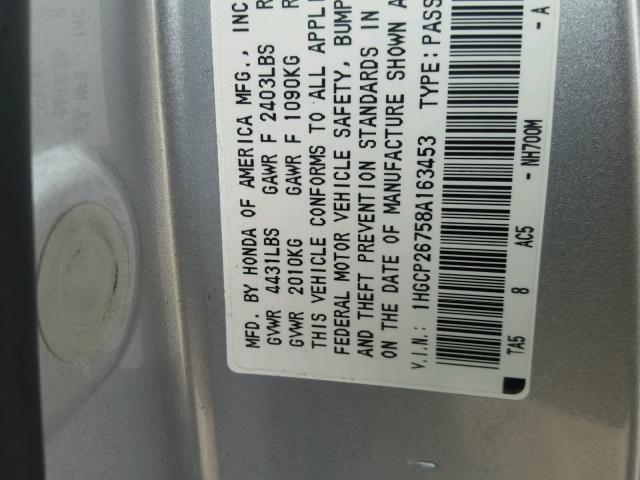 1HGCP26758A163453 - 2008 HONDA ACCORD EX SILVER photo 10