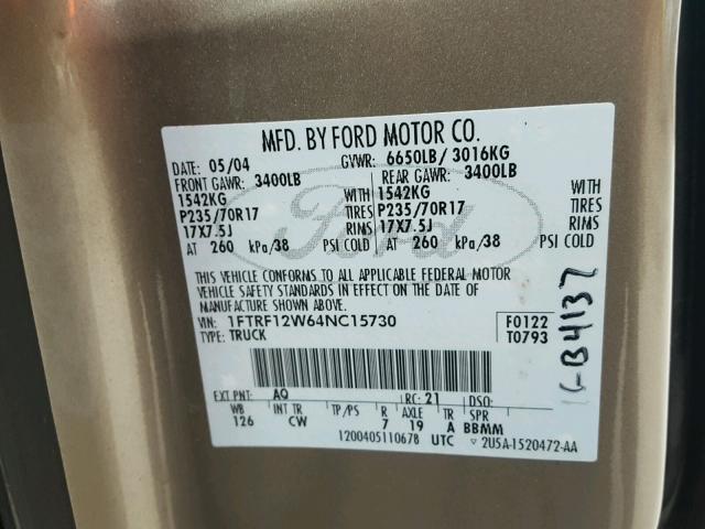 1FTRF12W64NC15730 - 2004 FORD F150 GOLD photo 10