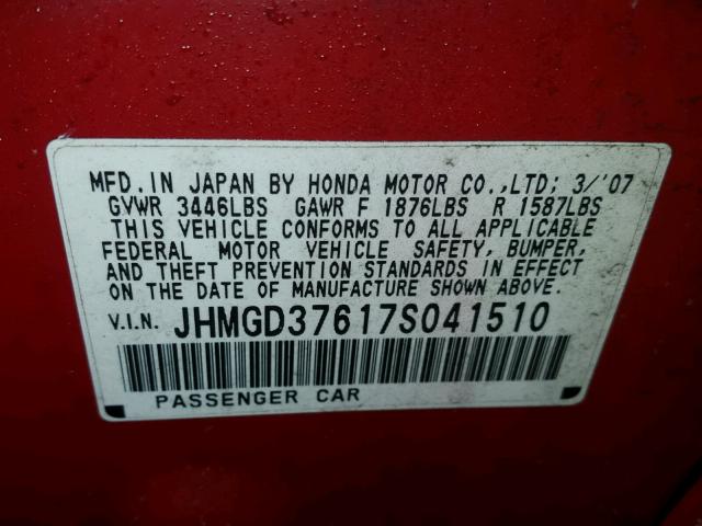 JHMGD37617S041510 - 2007 HONDA FIT S RED photo 10