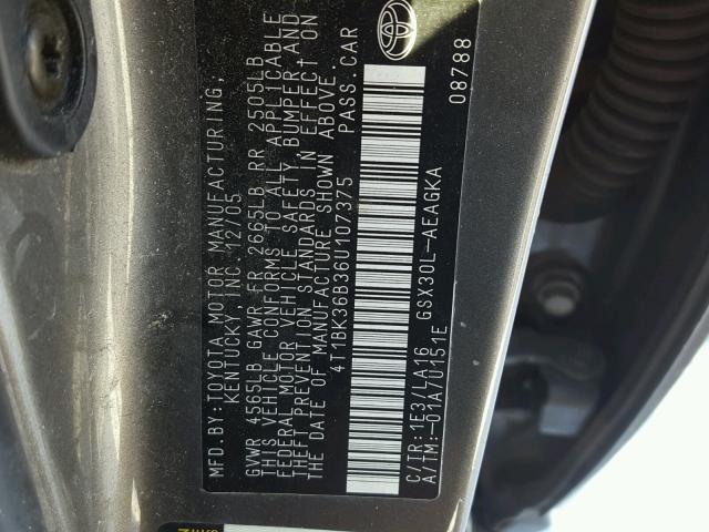 4T1BK36B36U107375 - 2006 TOYOTA AVALON XL GRAY photo 10