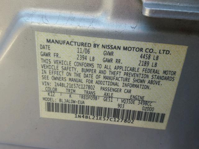 1N4BL21E57C127802 - 2007 NISSAN ALTIMA 3.5 SILVER photo 10