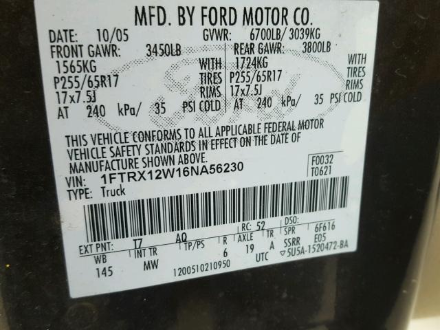 1FTRX12W16NA56230 - 2006 FORD F150 CHARCOAL photo 10