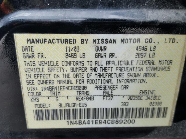 1N4BA41E94C869200 - 2004 NISSAN MAXIMA SE BLACK photo 10