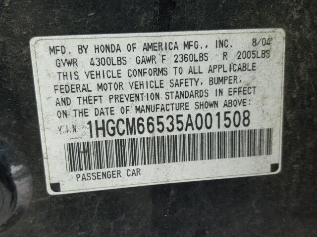 1HGCM66535A001508 - 2005 HONDA ACCORD EX BLACK photo 10