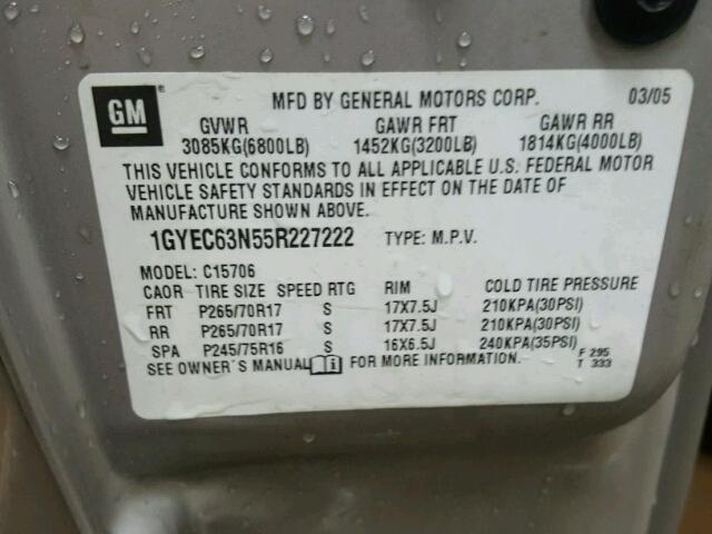 1GYEC63N55R227222 - 2005 CADILLAC ESCALADE L SILVER photo 10