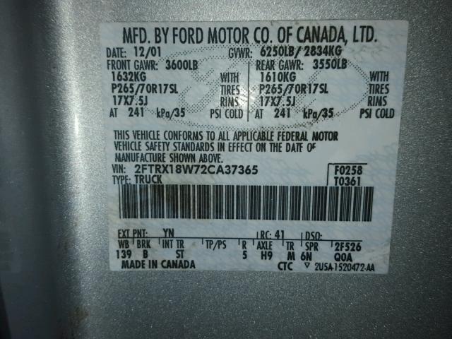 2FTRX18W72CA37365 - 2002 FORD F150 GRAY photo 10