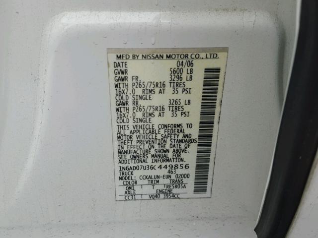 1N6AD07U36C449856 - 2006 NISSAN FRONTIER C WHITE photo 10