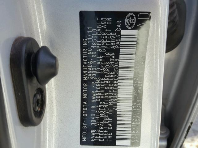 2T1BU4EE8BC735049 - 2011 TOYOTA COROLLA BA SILVER photo 10