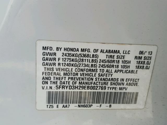 5FRYD3H29EB002769 - 2014 ACURA MDX WHITE photo 10