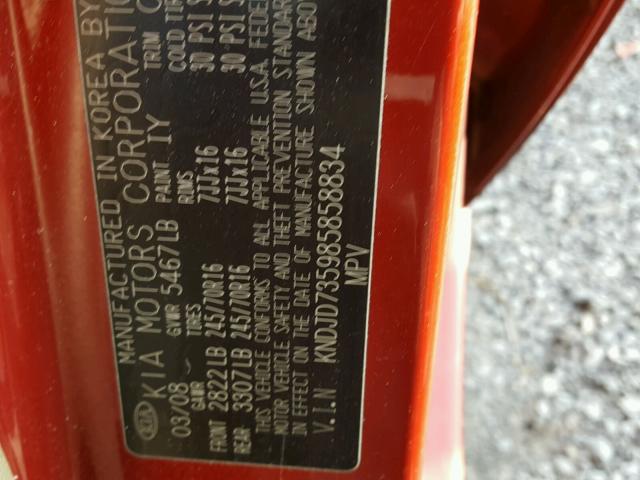 KNDJD735985858834 - 2008 KIA SORENTO EX RED photo 10