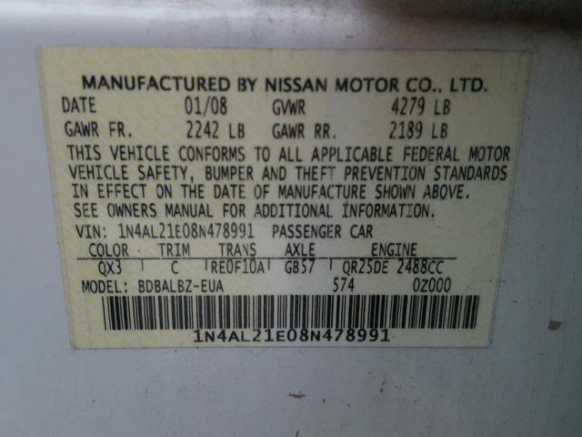 1N4AL21E08N478991 - 2008 NISSAN ALTIMA 2.5 WHITE photo 10