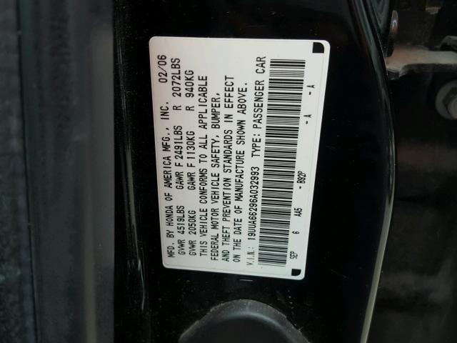 19UUA66296A032993 - 2006 ACURA 3.2TL BLACK photo 10