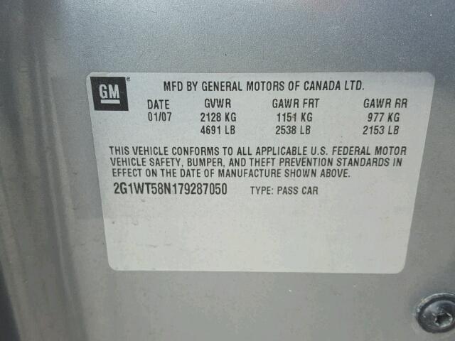 2G1WT58N179287050 - 2007 CHEVROLET IMPALA LT GRAY photo 10