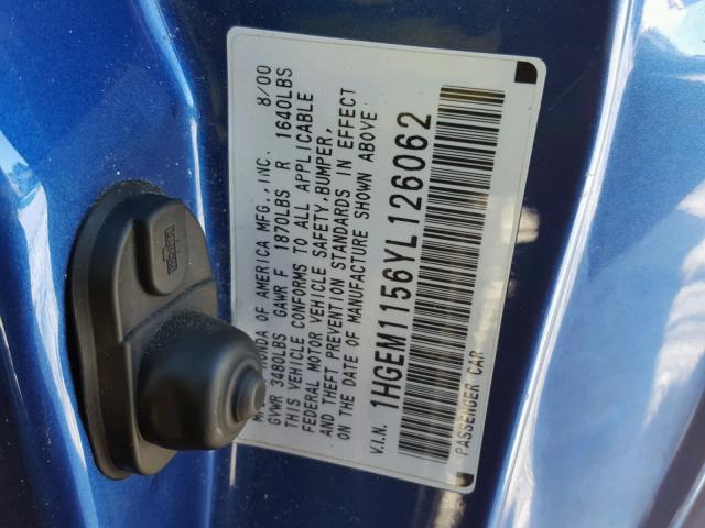 1HGEM1156YL126062 - 2000 HONDA CIVIC SI BLUE photo 10