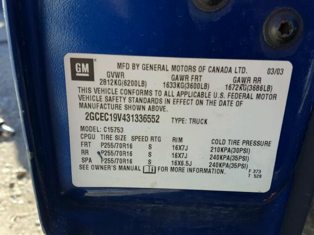 2GCEC19V431336552 - 2003 CHEVROLET SILVERADO BLUE photo 10