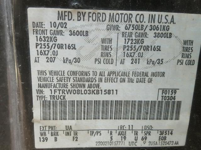 1FTRW08L03KB15811 - 2003 FORD F150 SUPER BLACK photo 10