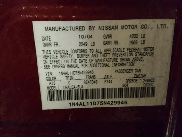 1N4AL11D75N429946 - 2005 NISSAN ALTIMA S RED photo 10